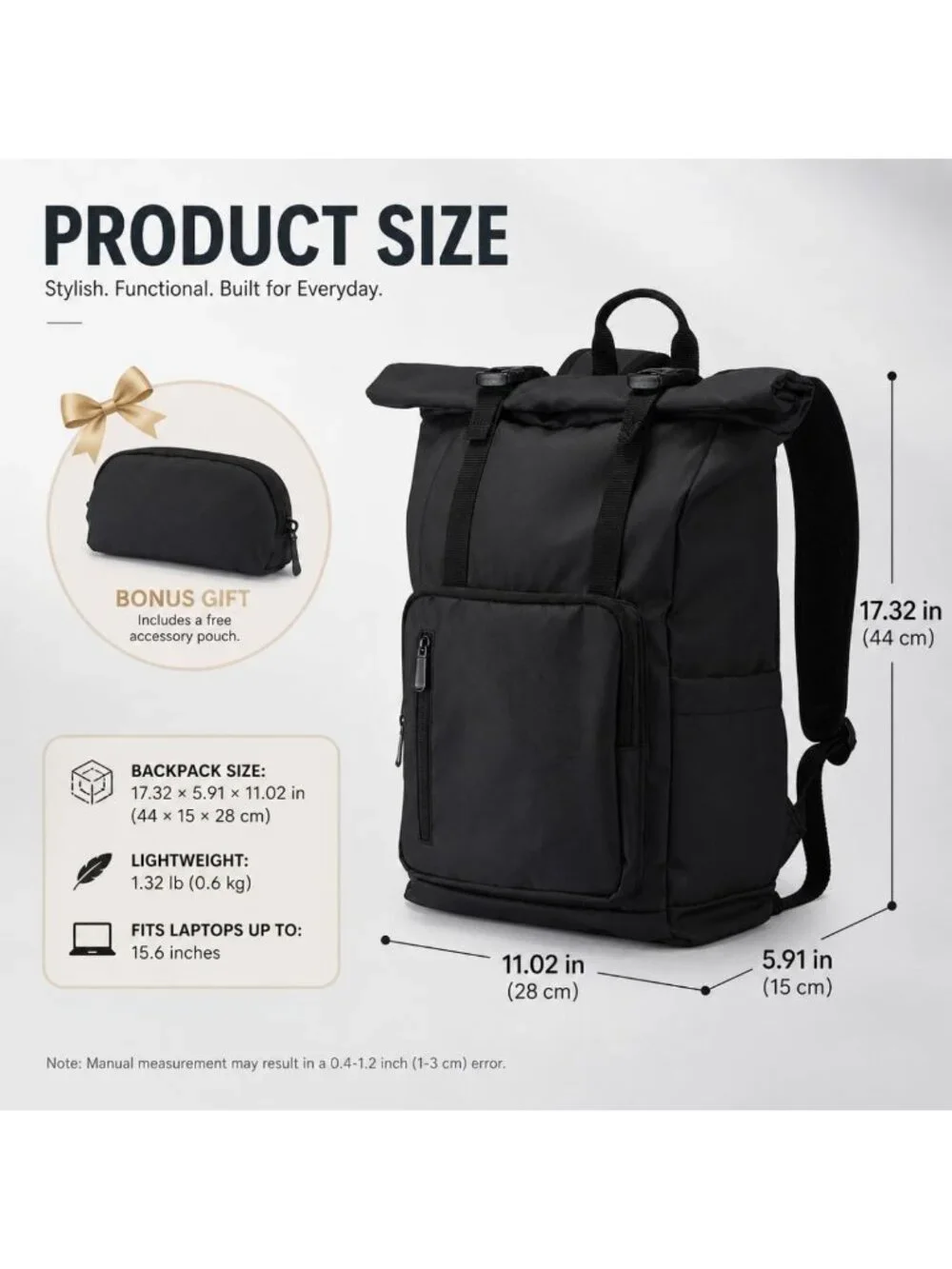 Water-Resistant Roll Top Laptop Backpack for Travel, Work & School - Fits